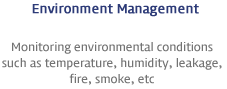 Environment Management - Monitoring environmental conditions such as temperature, humidity, eakage, fire, smoke, etc